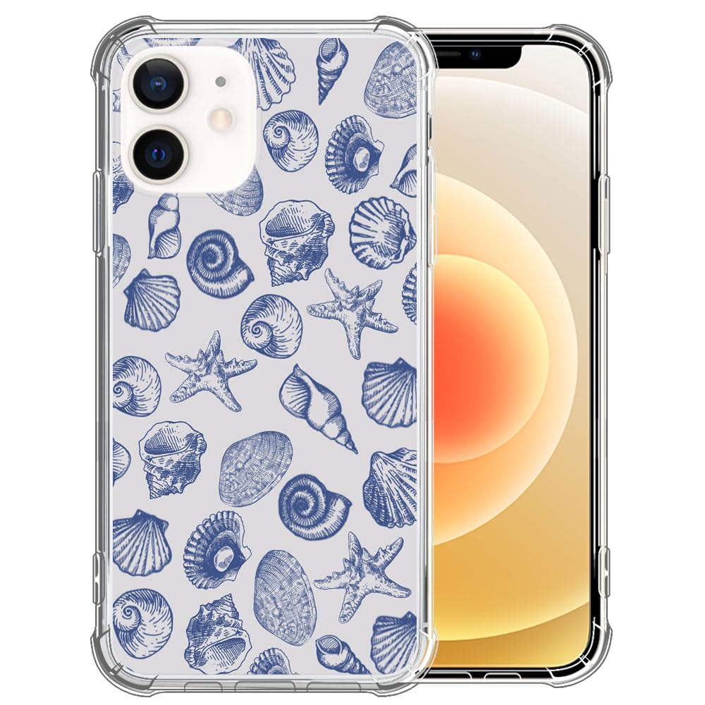 DAIZAG Case Compatible with iPhone 12 MiniCute Blue Seashell Phone Case for Girl WomenFour Corner Airbag Transparent Soft Clear Phone Case for iPhone 12 Mini